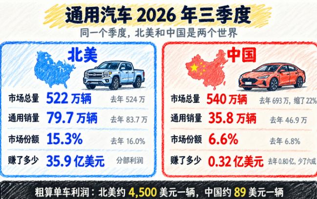 在北美市场，通用卖一辆车能赚约4500美元，而在中国市场，卖一辆车只能赚约89美