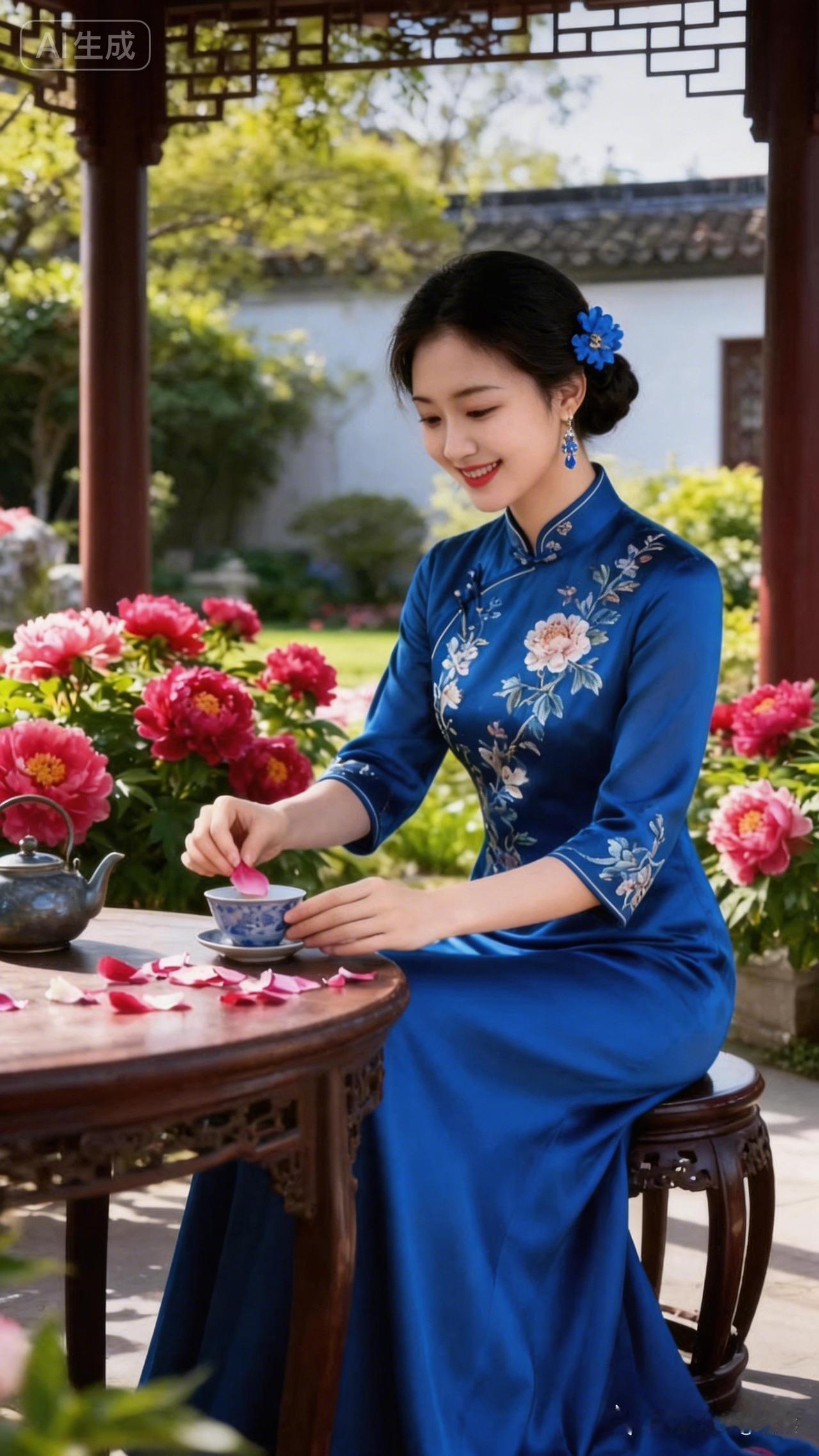 一位女士在花园里泡茶，真惬意！