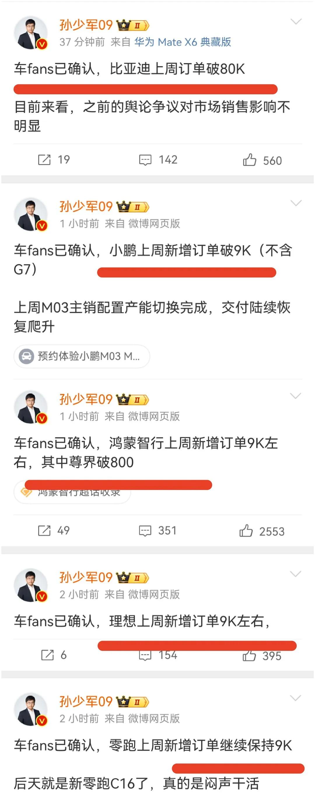6.9-6.15号新能源汽车新增订单公布：鸿蒙智行、小鹏9000辆环比下滑，尊界