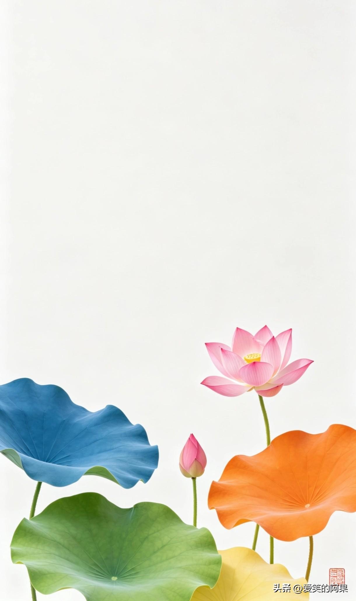 简简单单一池荷花看着真舒心，
各色荷叶衬着粉嫩嫩的荷花，
一朵全开一朵含苞待放，