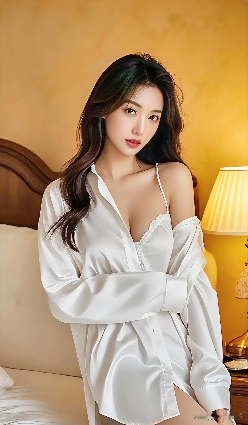 暖光漫过床沿，白绸垂落如月光。

她倚枕而立，发丝吻过肩头。

衬衫半敞，蕾丝隐