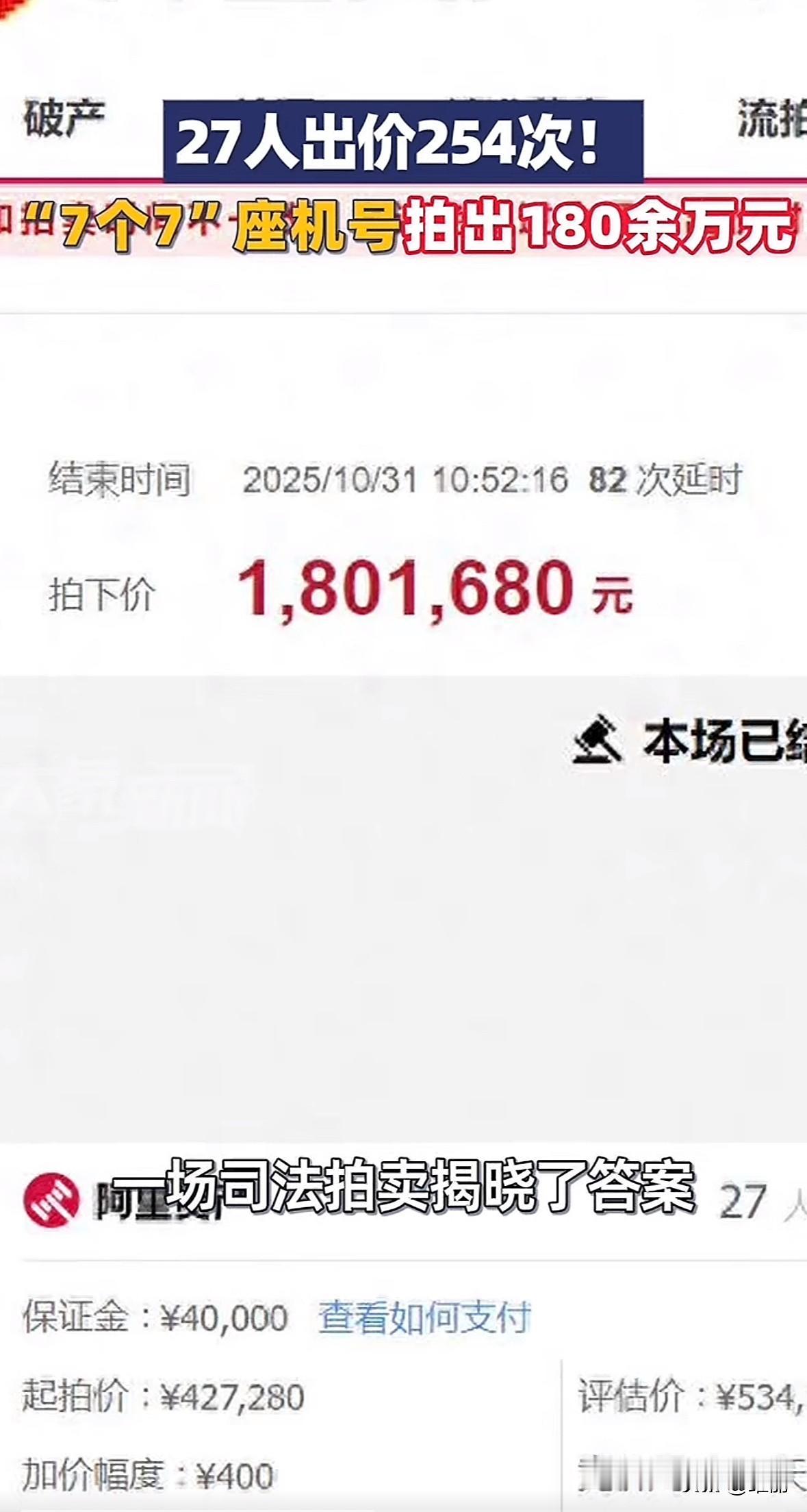 10月31日，山东临沂“05**-7777777”联通座机号司法拍卖成交，42.