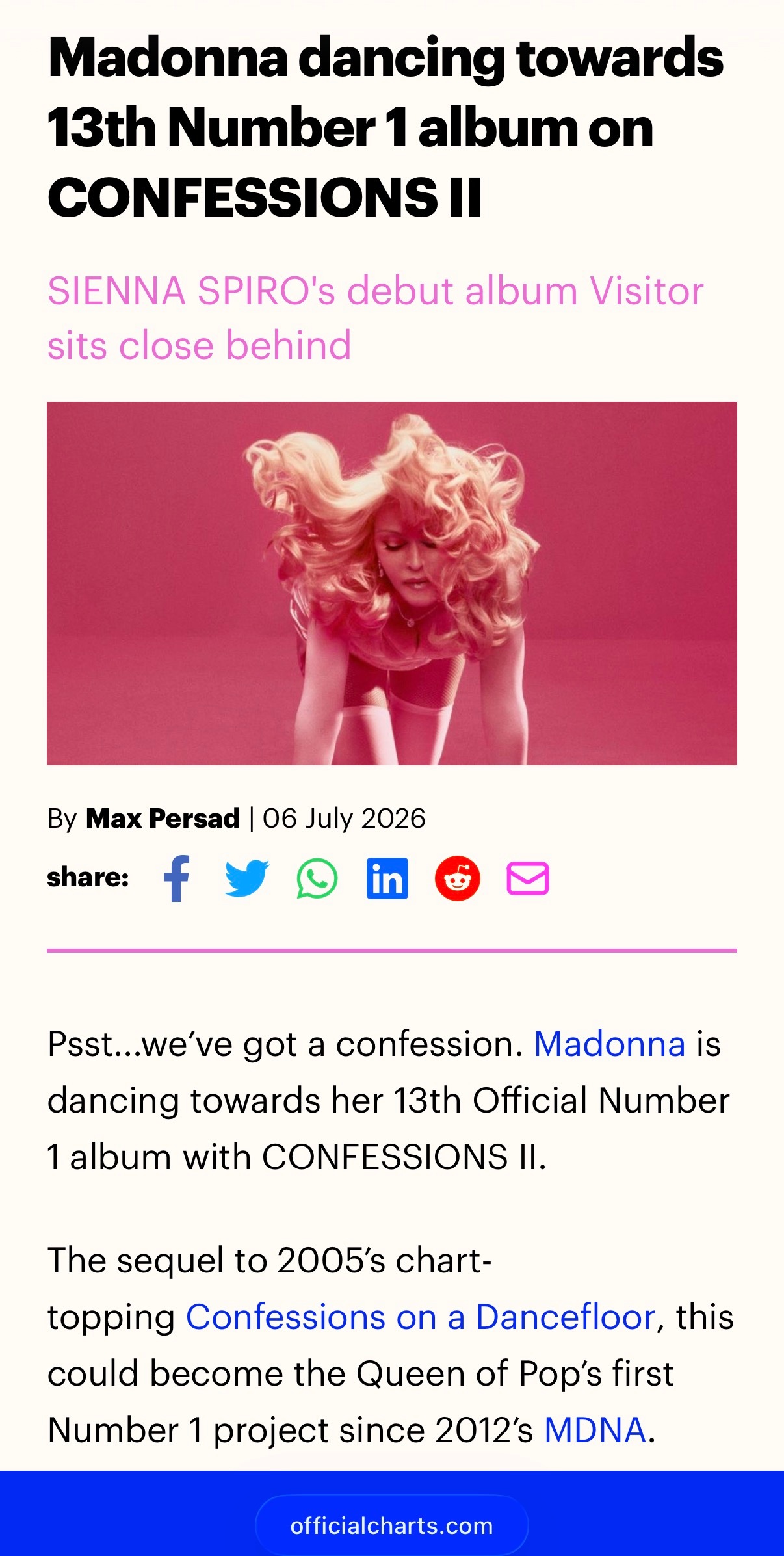 Madonna  Madonna将迎来她的第13张英国冠专，这次英国冠专已无悬念