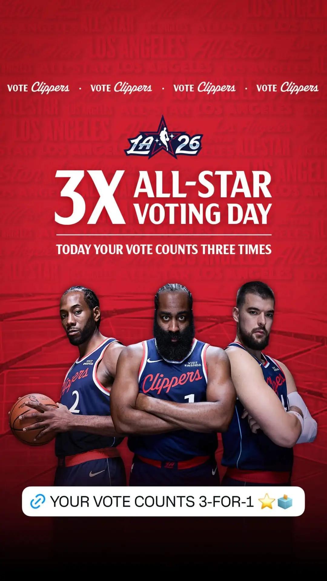 请投票！快船官方晒出哈登伦纳德和祖巴茨的全明星拉票海报 