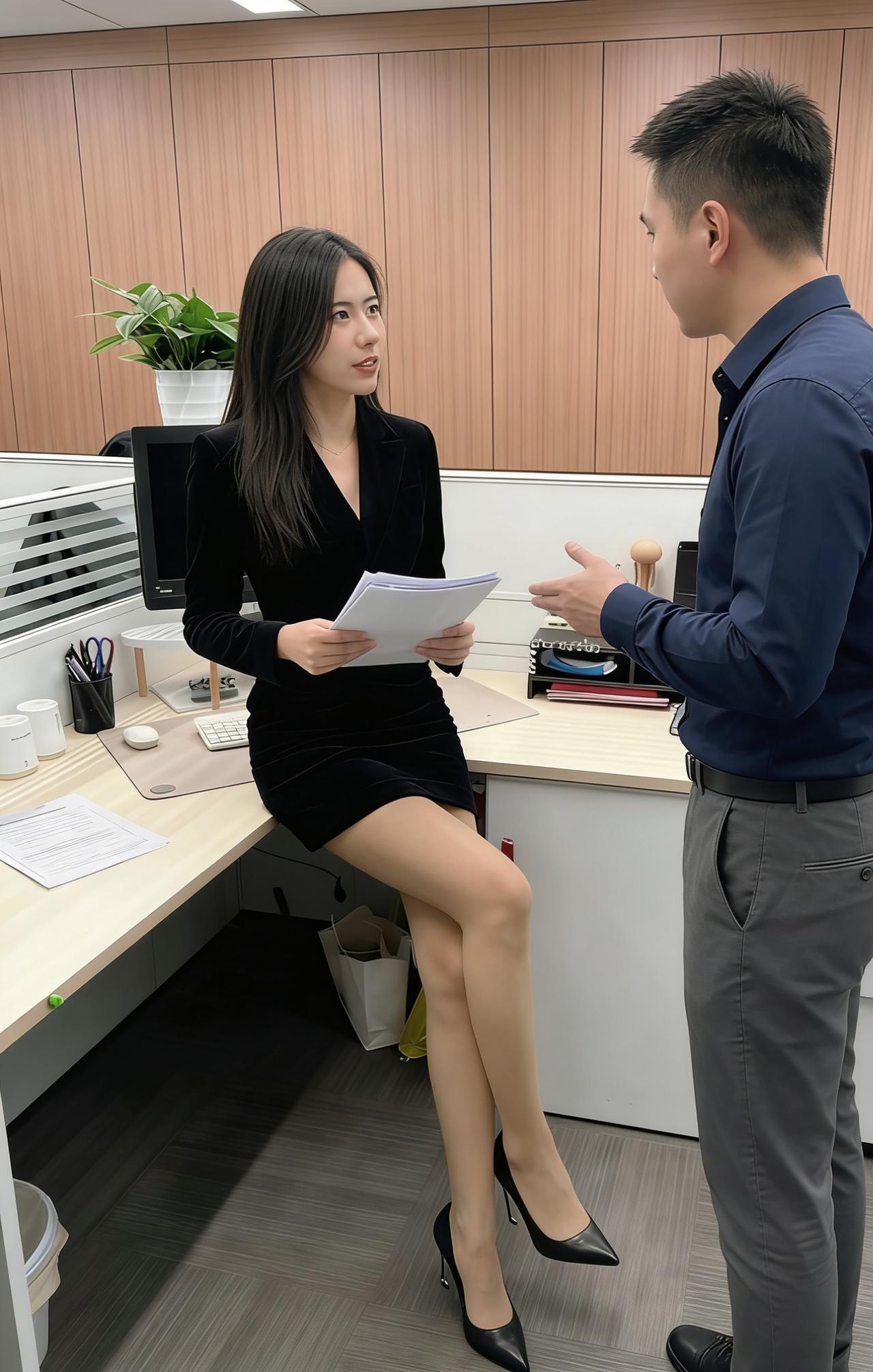 日光斜斜切过木饰面的墙，
你指尖轻叩文件的声响，
撞碎了我案头未写完的章。
黑裙