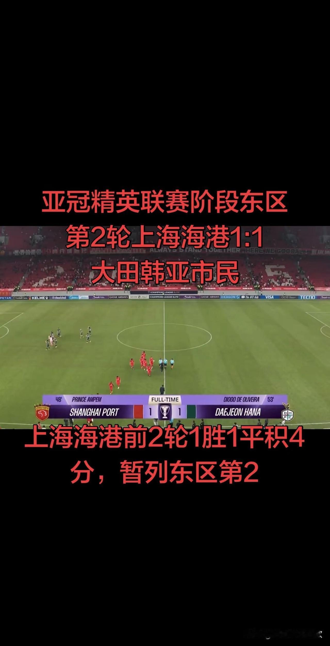 上海海港1:1大田韩亚市民，2战1胜1平。亚冠精英联赛阶段东区第2轮：上海海港1