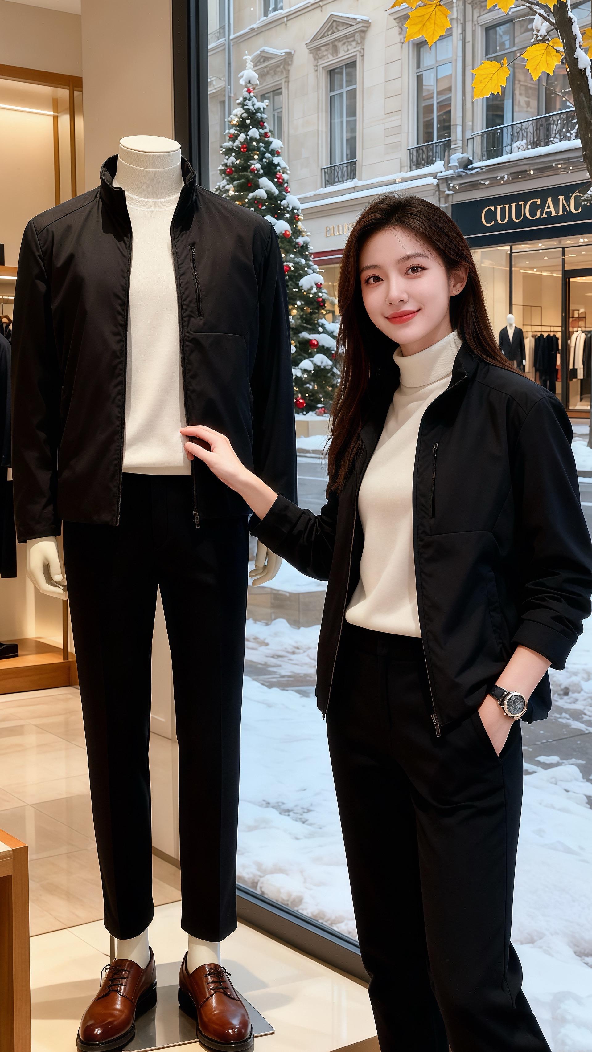 雪粒扑在男装店的玻璃橱窗时，许妍正指尖翻着时尚杂志——黑色立领夹克的拉...