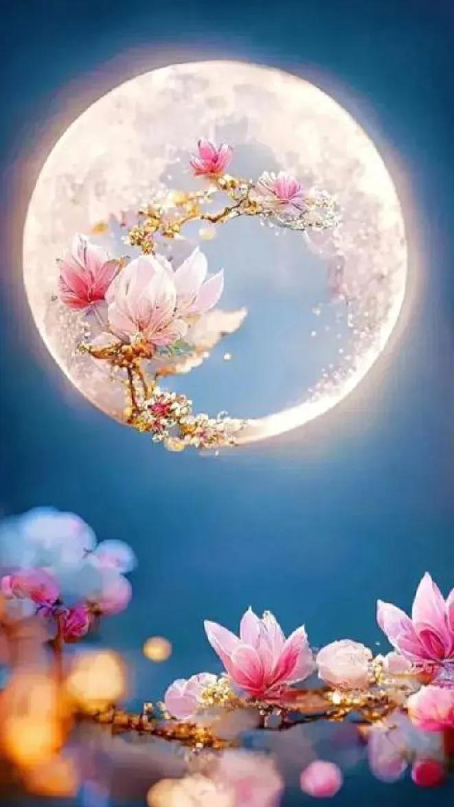 晚风轻拂庭院，繁花盛放，清香漫溢枝头。一轮圆月缓缓升上夜空，清辉洒落人间，花木都