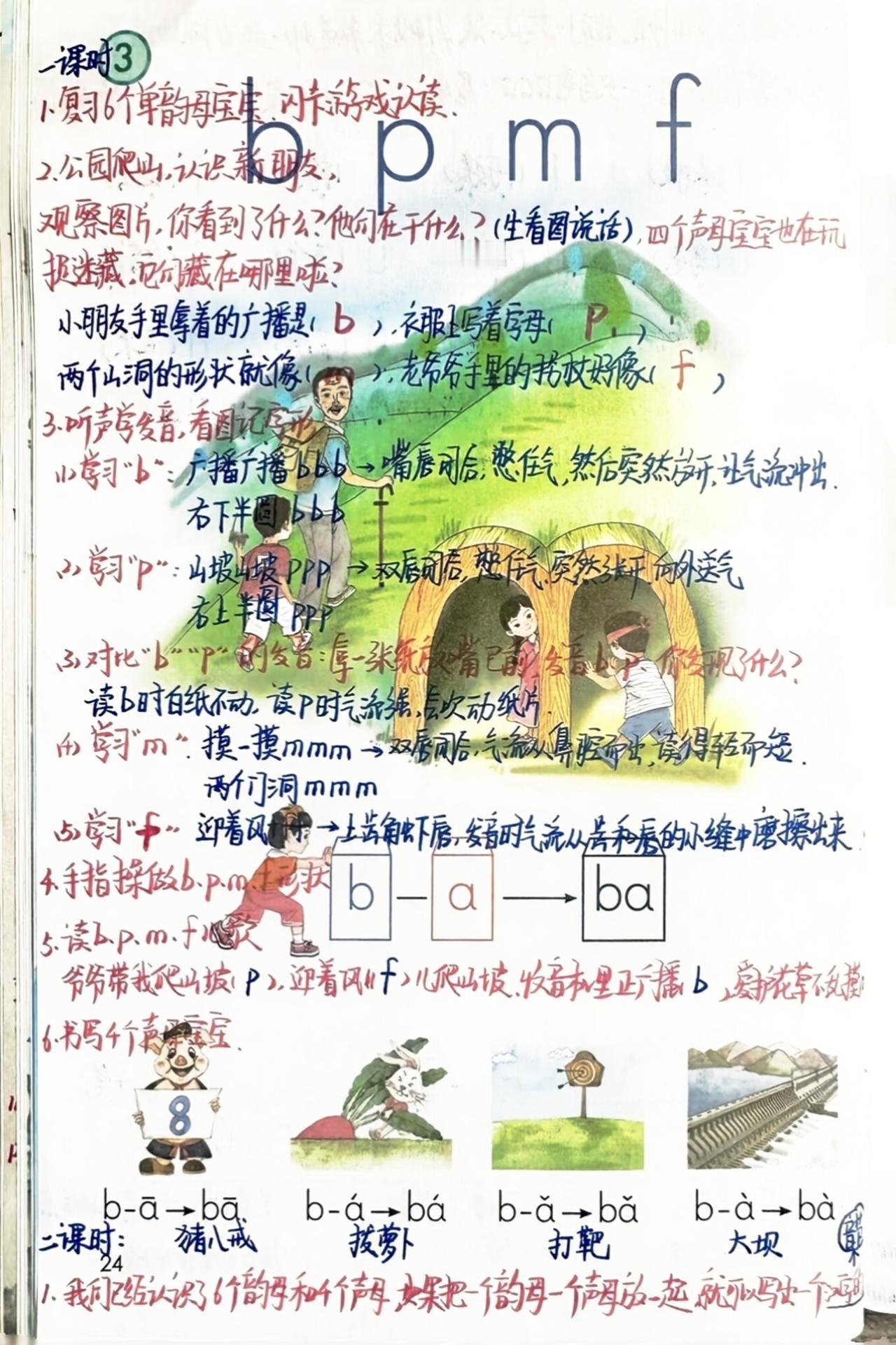 一年级上册语文，第二单元汉语拼音《b p m f》《d t n l》课堂笔记，收