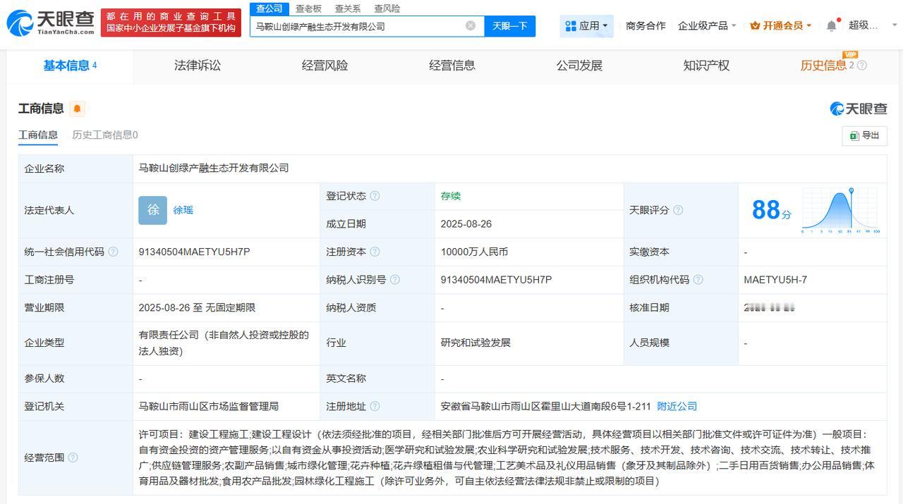 注册资本1亿
天眼查工商信息显示，近日，马鞍山创绿产融生态开发有限公司成立，法定