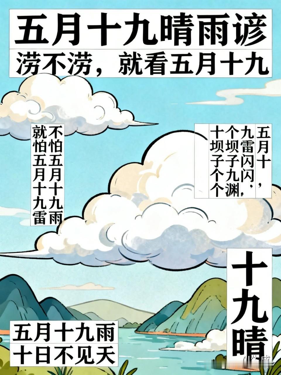 今天是五月十九民间俗语有
1. 涝不涝，就看五月十九
释义：五月十九晴雨，预判整