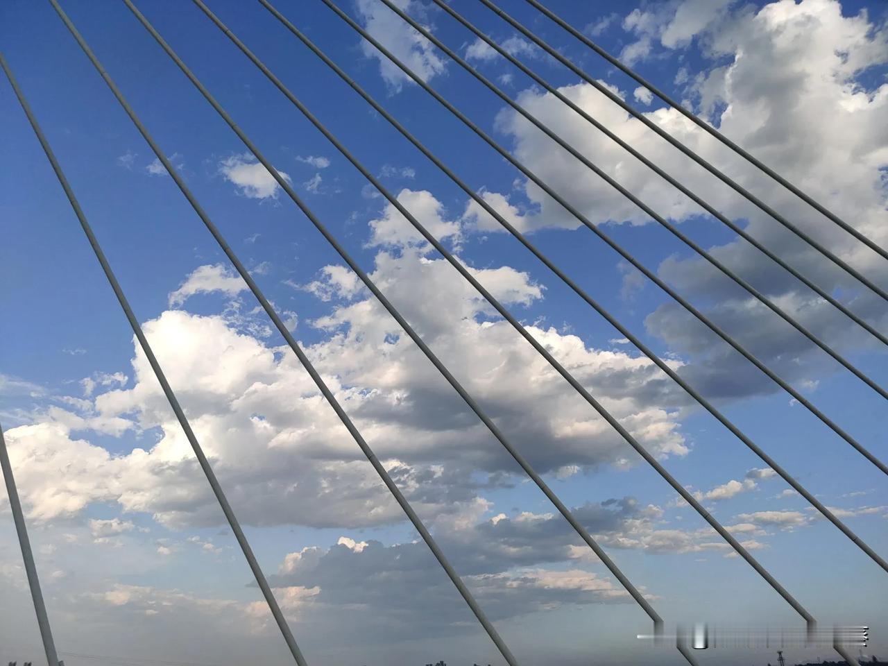 我站在斜拉桥的钢索下，抬头望，蓝天像被细密的银线斜斜剖开，棉花似的云团在缝隙里慢