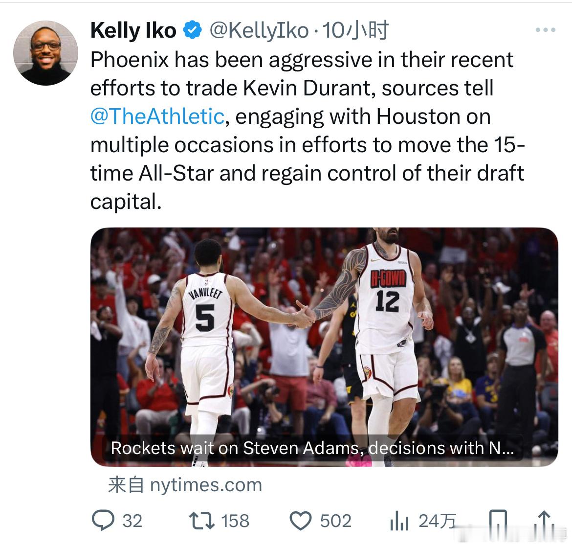 据消息人士透露via：TheAthletic ，菲尼克斯太阳队最近在交易凯文杜兰