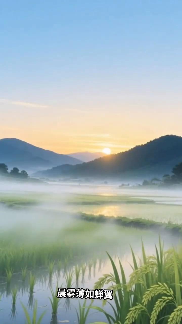 晨雾炊烟绕秧田，鸡鸣露珠醒山间。
晨雾薄如蝉翼，轻轻笼着嫩绿的秧田。远处的黛色山