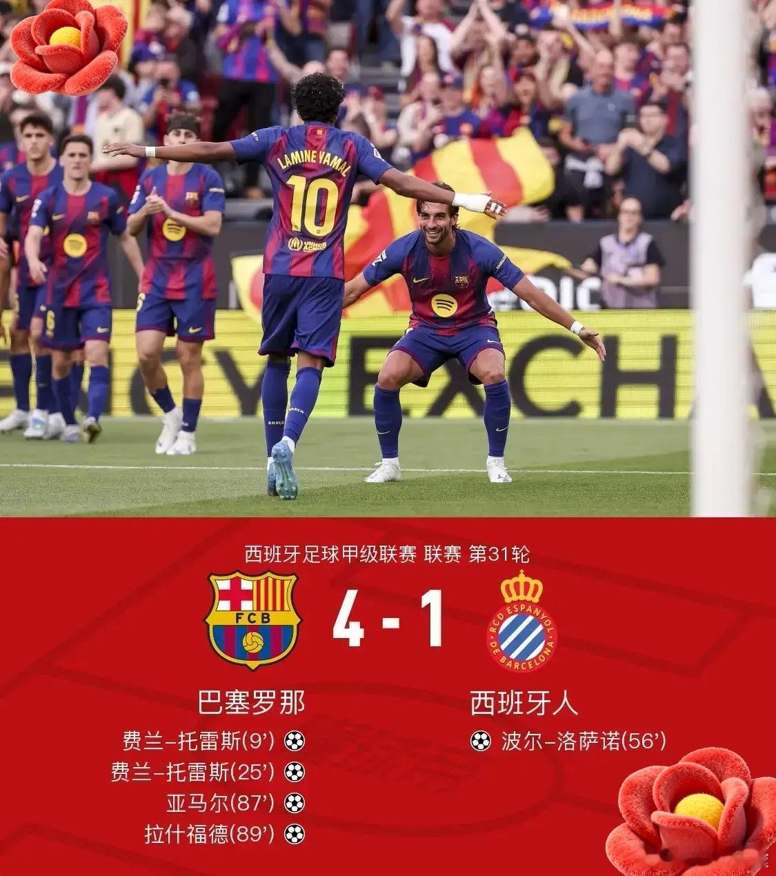 足球 北京时间4月12日西班牙足球甲级联赛 第31轮，巴塞罗那主场对阵西班牙人。