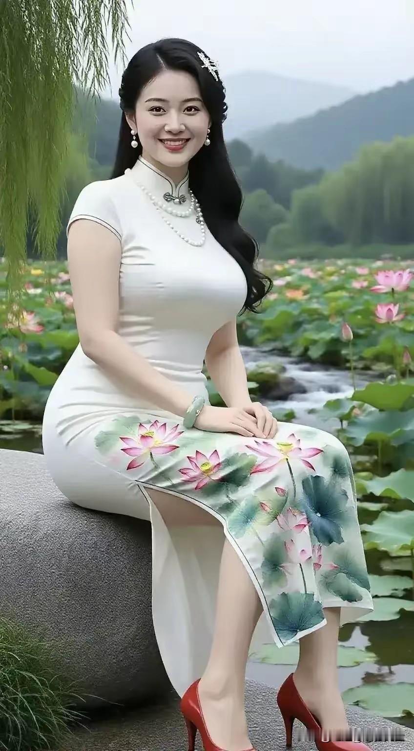 荷池佳人
佳人闲适坐荷塘，
绣朵旗袍映艳妆。
袅袅青丝盈浅笑，
潺潺翠岭伴流芳。