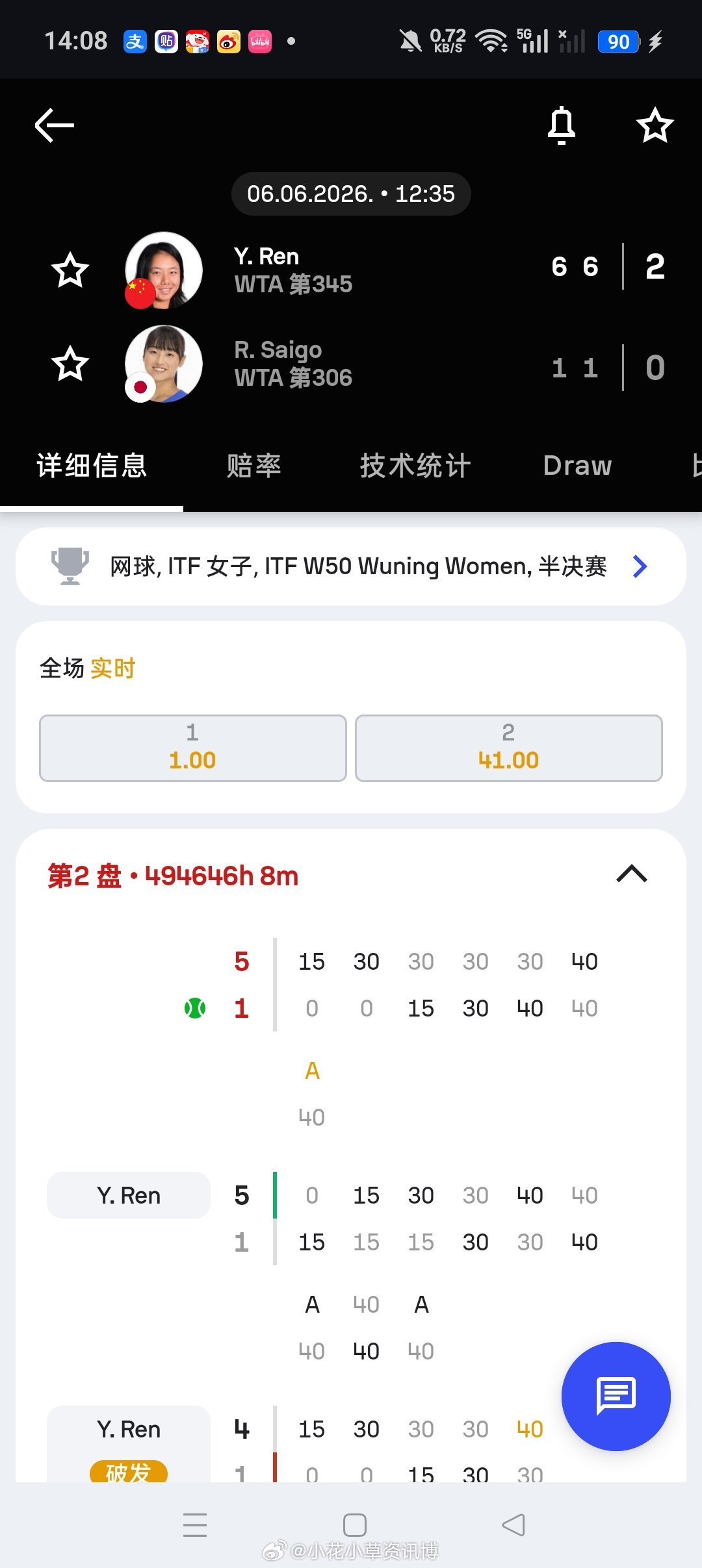 小花小草资讯 【武宁W50】女单半决赛任钰菲🇨🇳以6-1/6-1横扫7号种子
