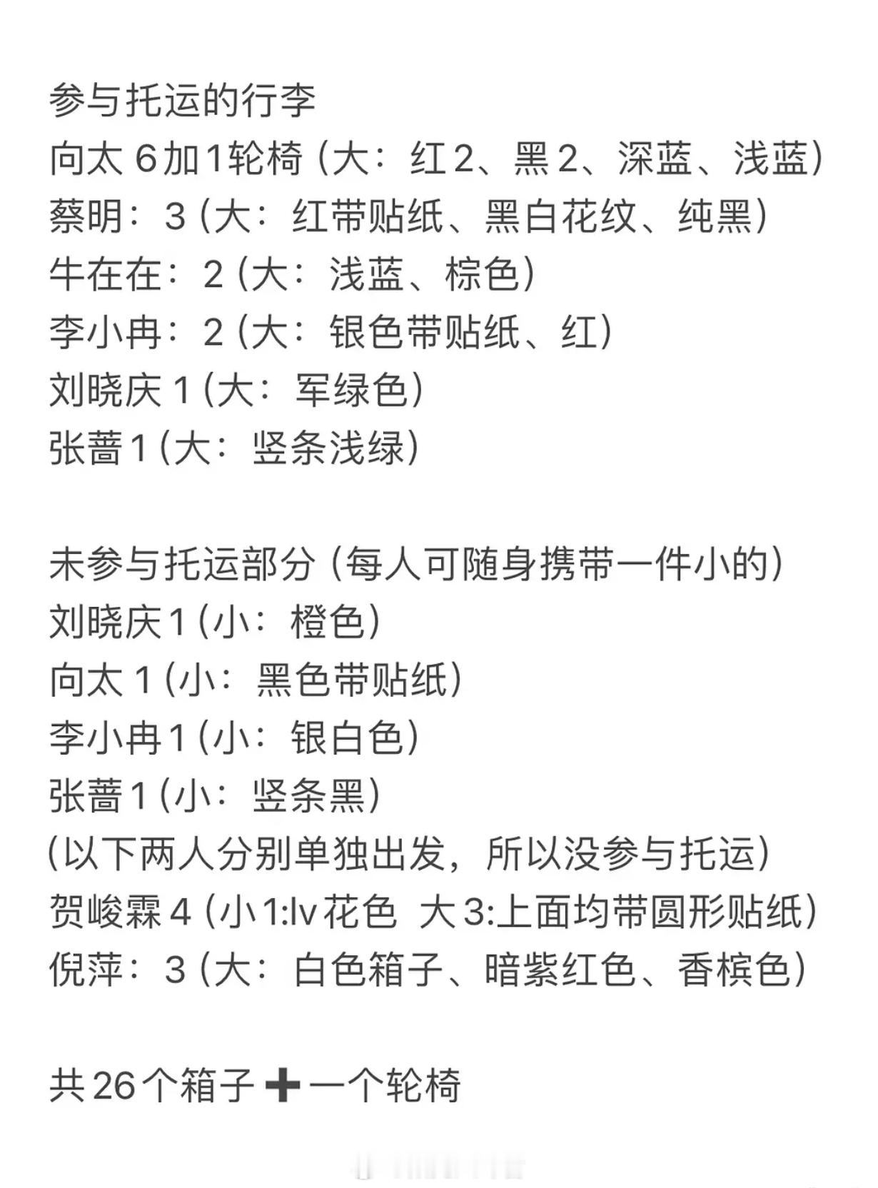 一路繁花每个人到底带了多少行李箱 吃瓜群众大概统计了一下，参与托运的行李：向太：