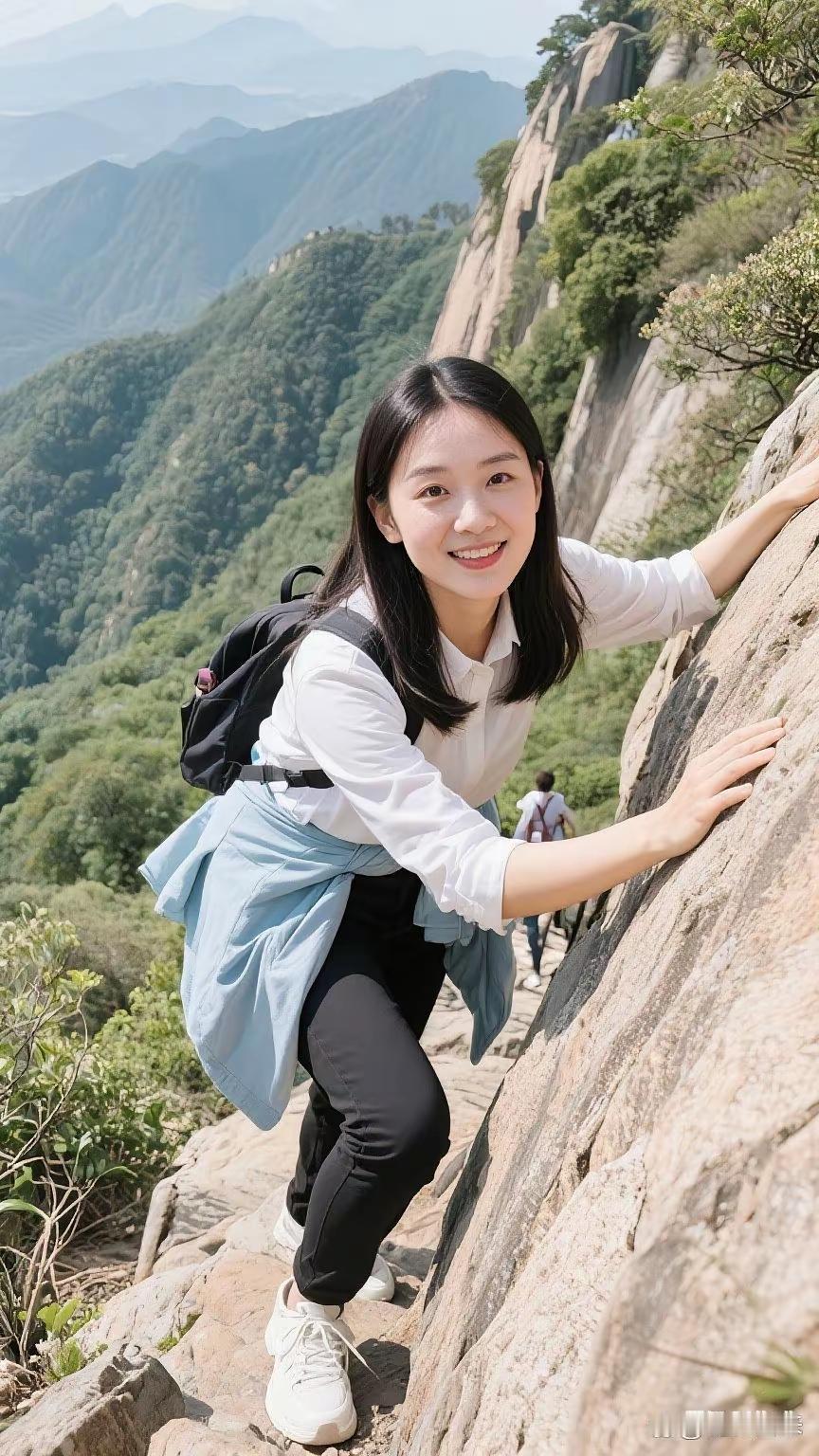 登山少女笑颜如花，风景美如画。
