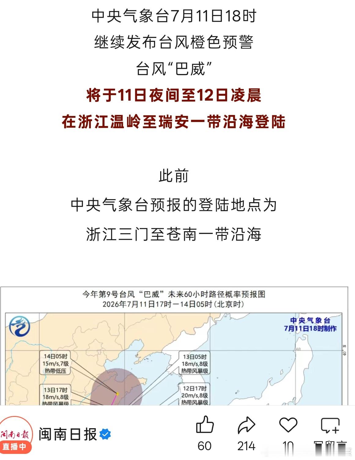 巴威或提前登陆之前还说可能登福建，搞得紧张兮兮，现在预测的都是浙江范围内了漳州人