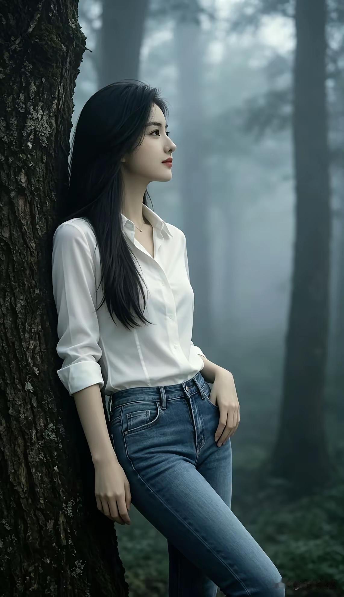 一位女生靠在树上，看着远方。