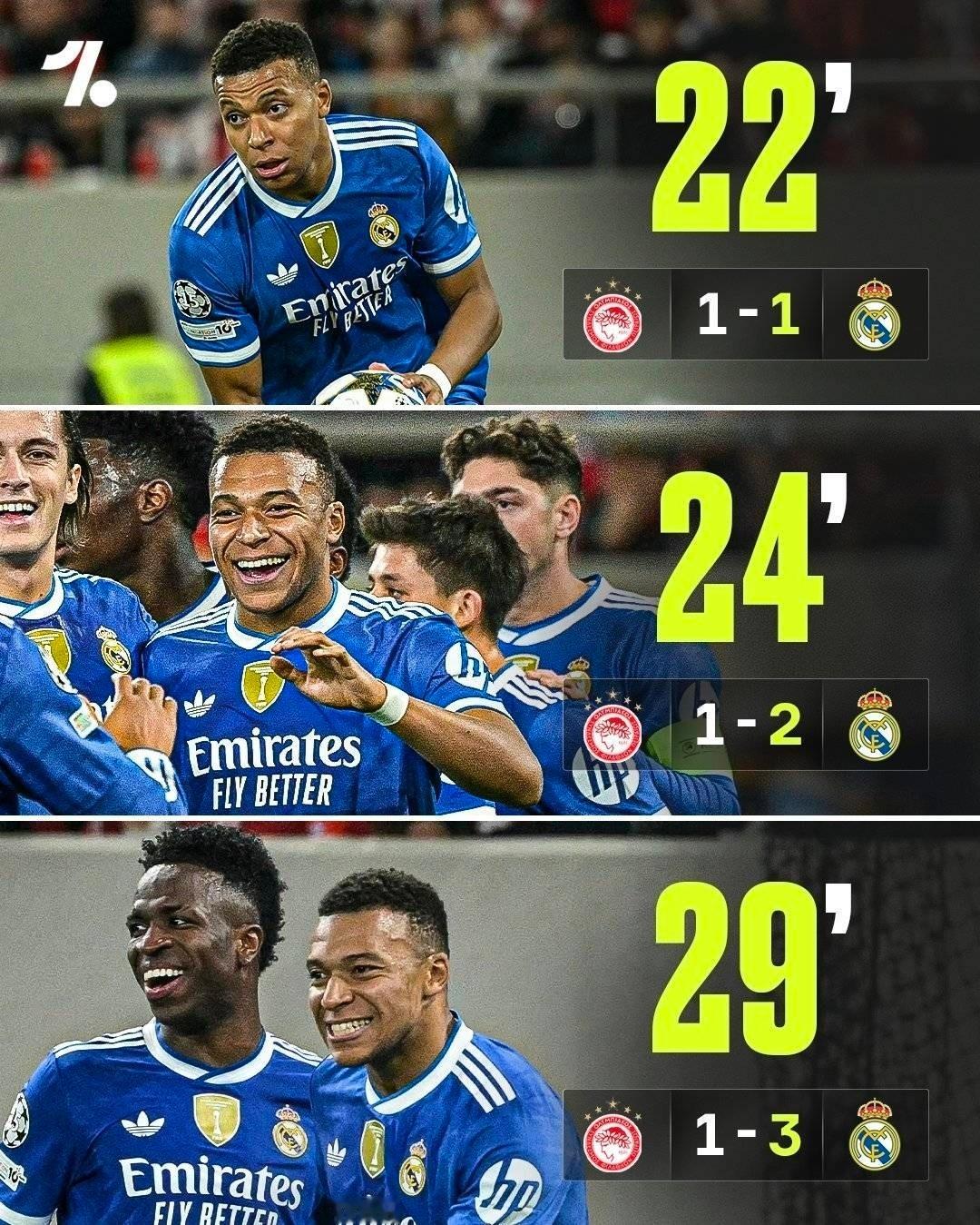 奥林匹亚科斯vs皇马6分钟42秒戴帽，姆巴佩成就欧冠史上第二快帽子戏法在今日凌晨