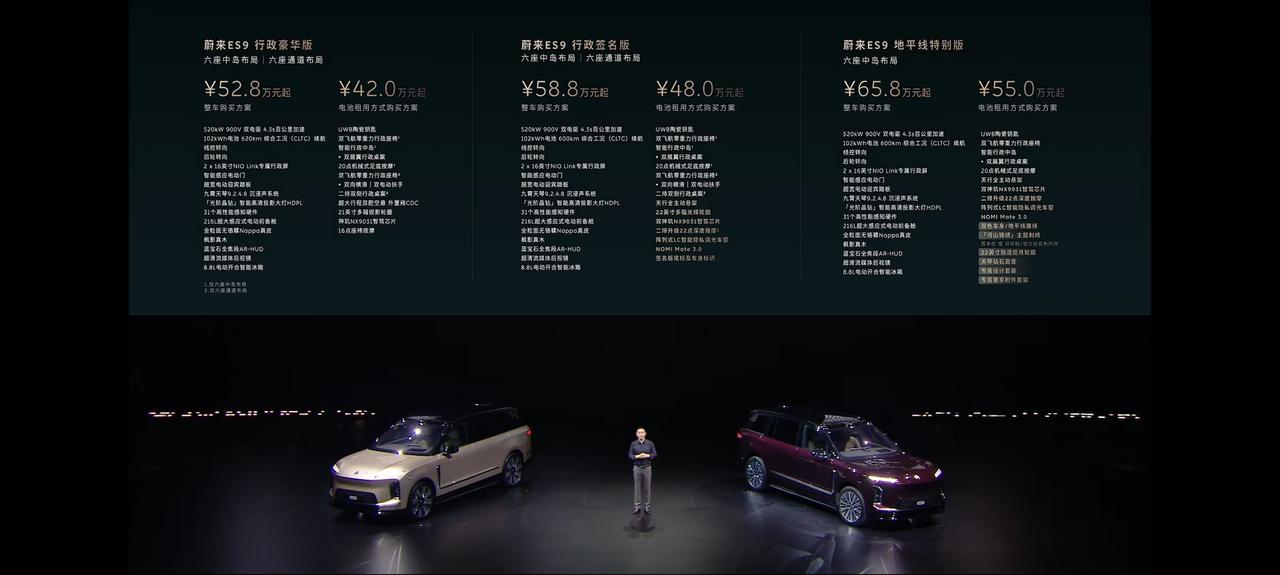 蔚来ES9预售价格正式公布，共推出三款车型，整车购买：52.8-65.8万元，电