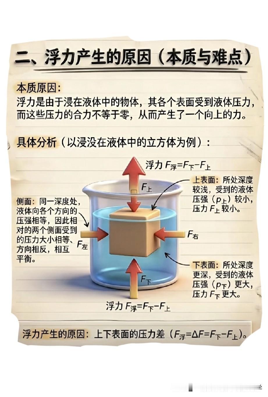 浮力产生的原因；
浮力的测量方法；