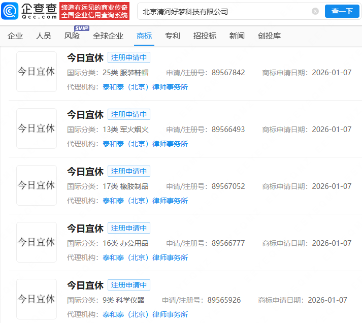 王腾公司申请多枚今日宜休英文名商标