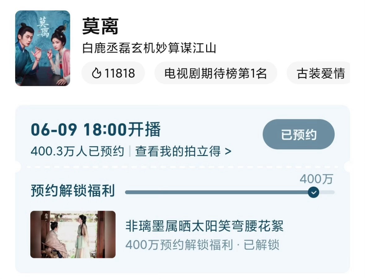 白鹿 丞磊《莫离》预约数破400w了，印象中这应该是鹅唯一一部破400w预约的剧