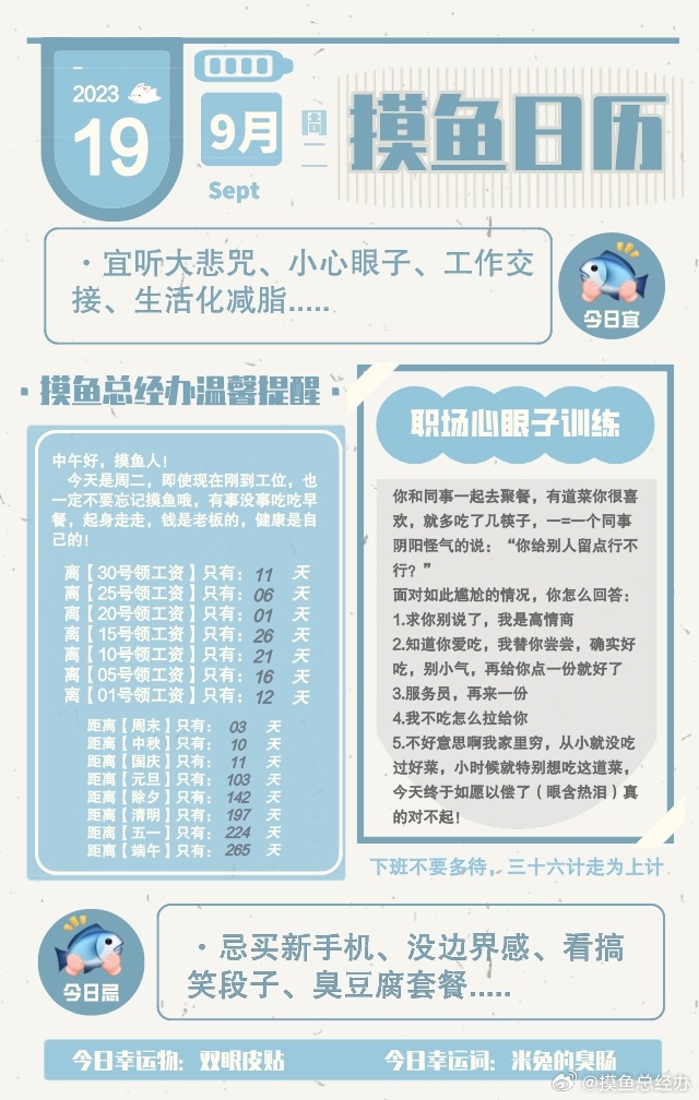 摸鱼日历：2023年9月19日，农历八月初五，星期二，工作日。今日宜听大悲咒、宜