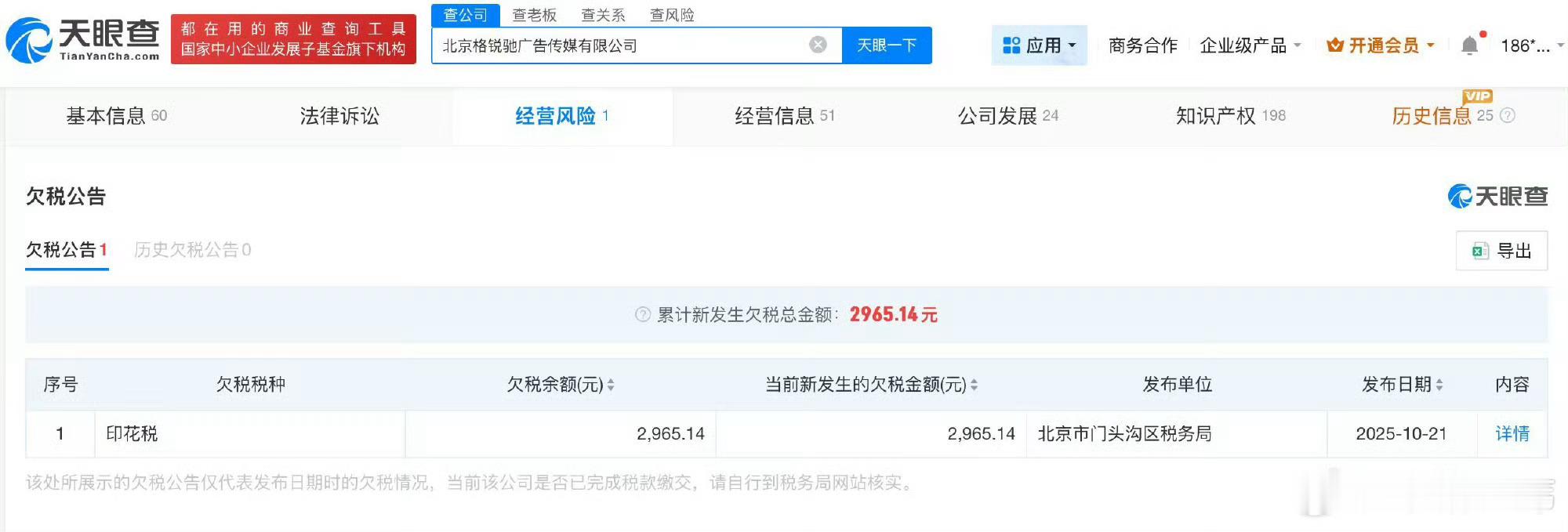 天眼查信息显示，陈震关联企业中北京格锐驰广告传媒有限公司欠印花税2965.14元
