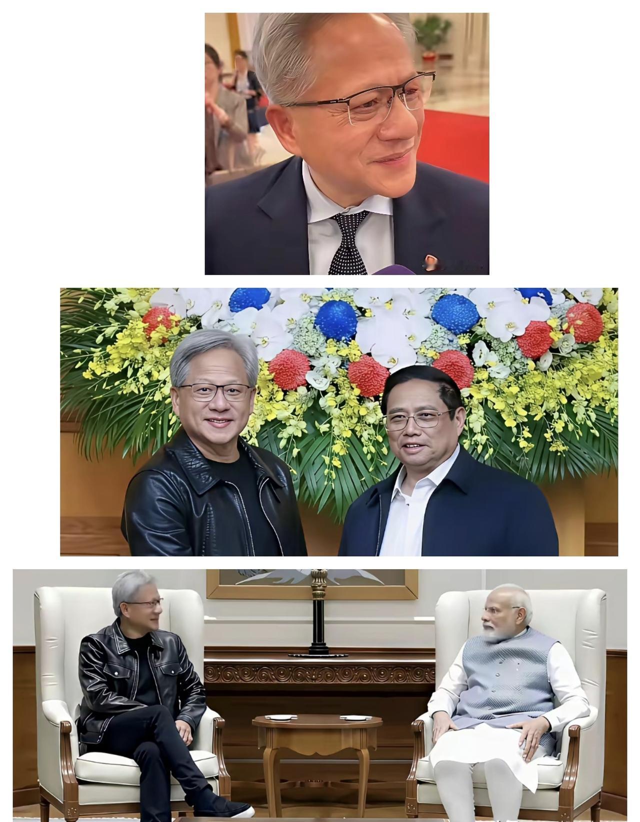 黄仁勋在中国，越南，印度的一组对比图，可以看出不管是在印度还是在越南，皮衣黄，丝