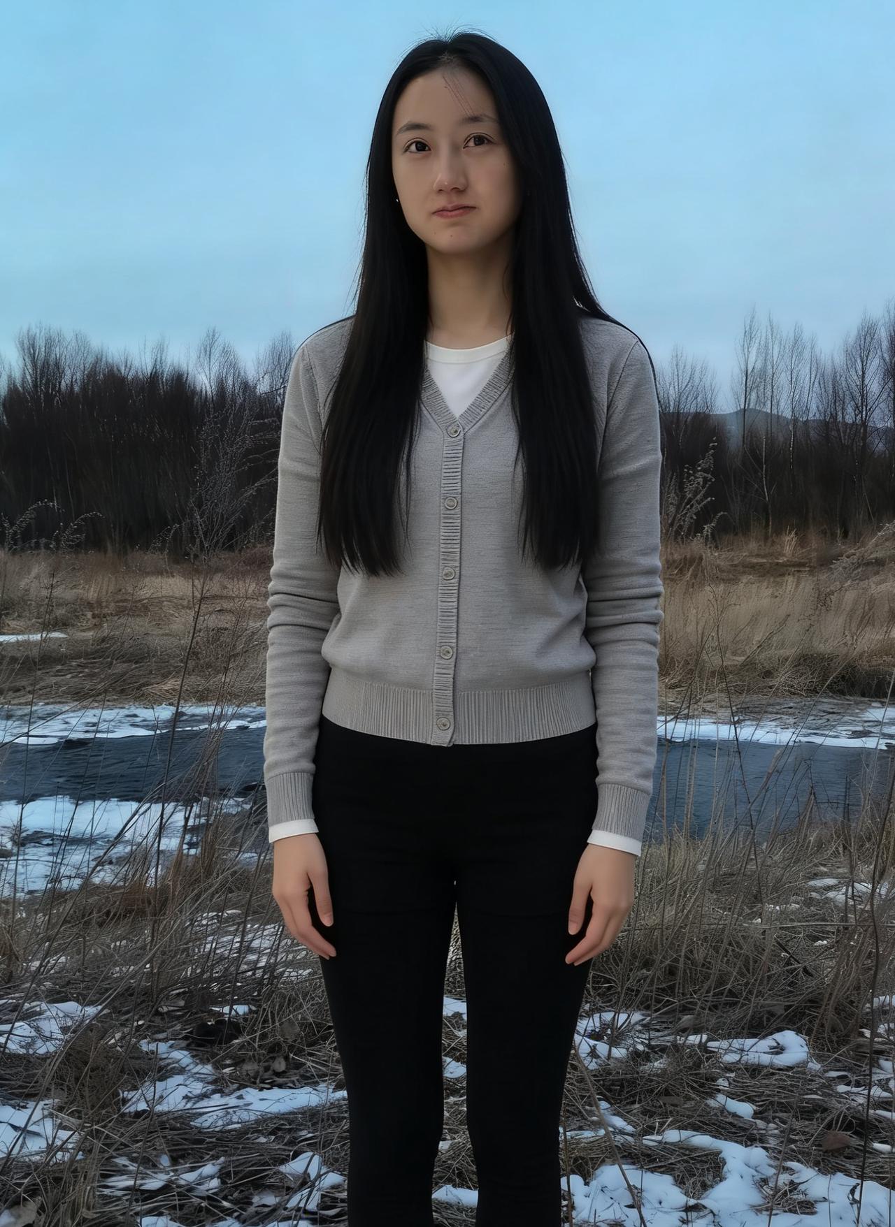 素衣轻拂野风凉，短发垂肩映晓光。
独立荒原无俗态，一襟清韵满疏塘。