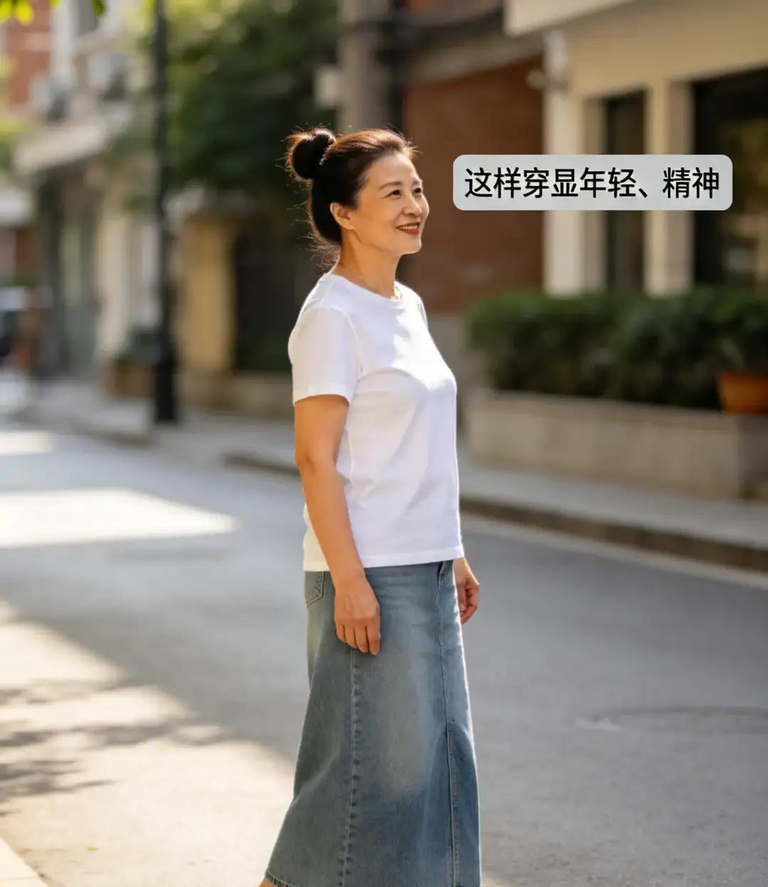 54岁那天我穿白T牛仔长裙小白鞋丸子头去幼儿园接孙女。
门口另一位奶奶问我是不是