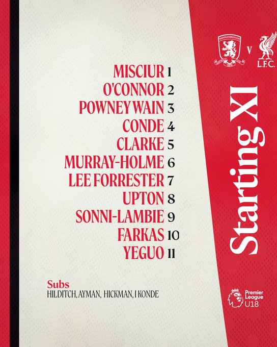 利物浦青训 阿贝受伤，替补席上只坐了四名球员，包括第二次进入U18大名单的中场艾