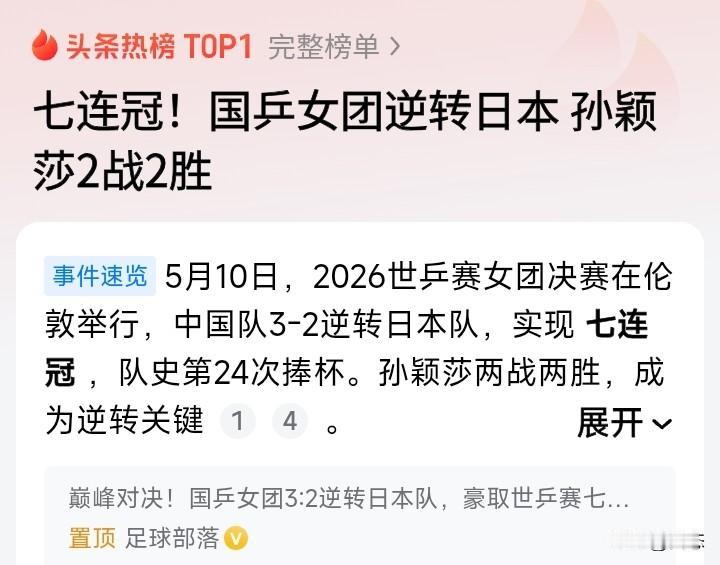 2026年世乒赛女团决赛已经结束，中国国乒女团有惊无险的拿下比赛，第一局王曼昱不
