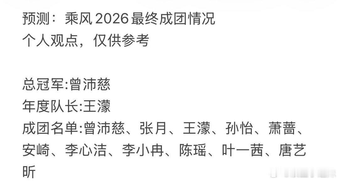 预测：乘风2026最终成团情况总冠军:曾沛慈年度队长:王濛成团名单:曾沛慈、张月