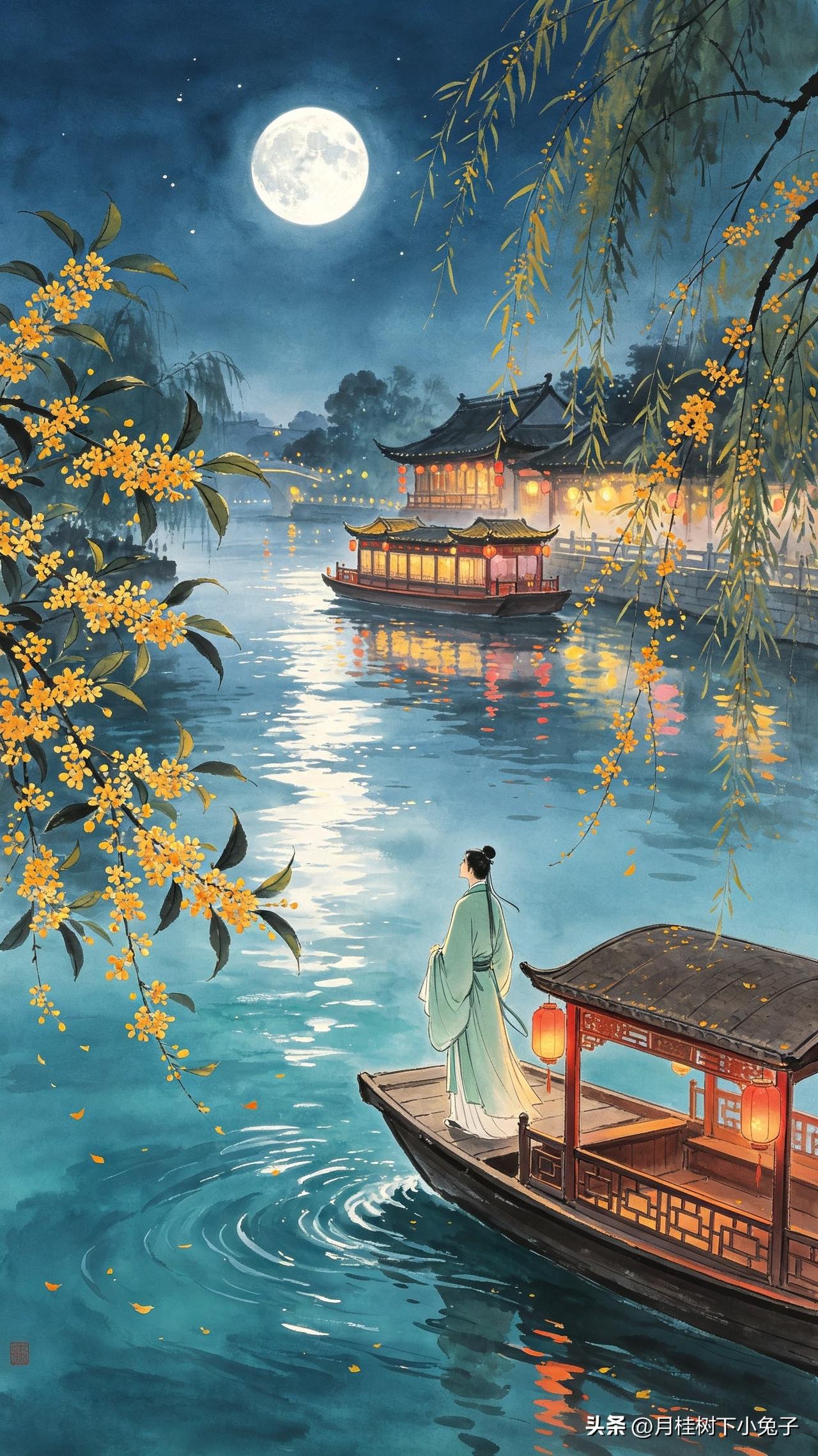 秦淮河畔月如霜，
金粟风飘两岸香。
画舫笙歌归寂后，
    
…………请师友续