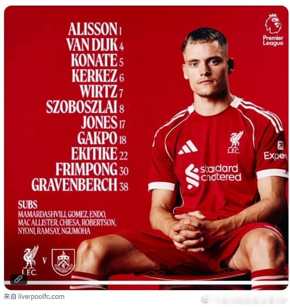 利物浦vs伯恩利 首发出炉小麦去到了替补席，好奇今天右路弗林鹏和索博谁是边锋谁是