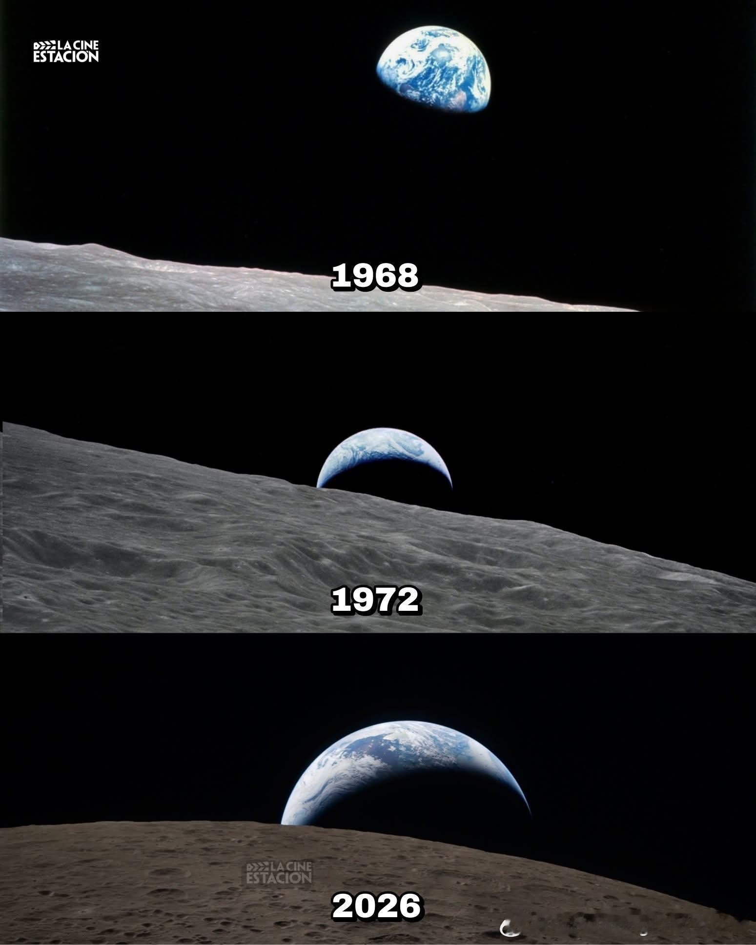 地落照片对比。阿波罗8号，1968年阿波罗17号，1972年阿尔忒弥斯二号，20