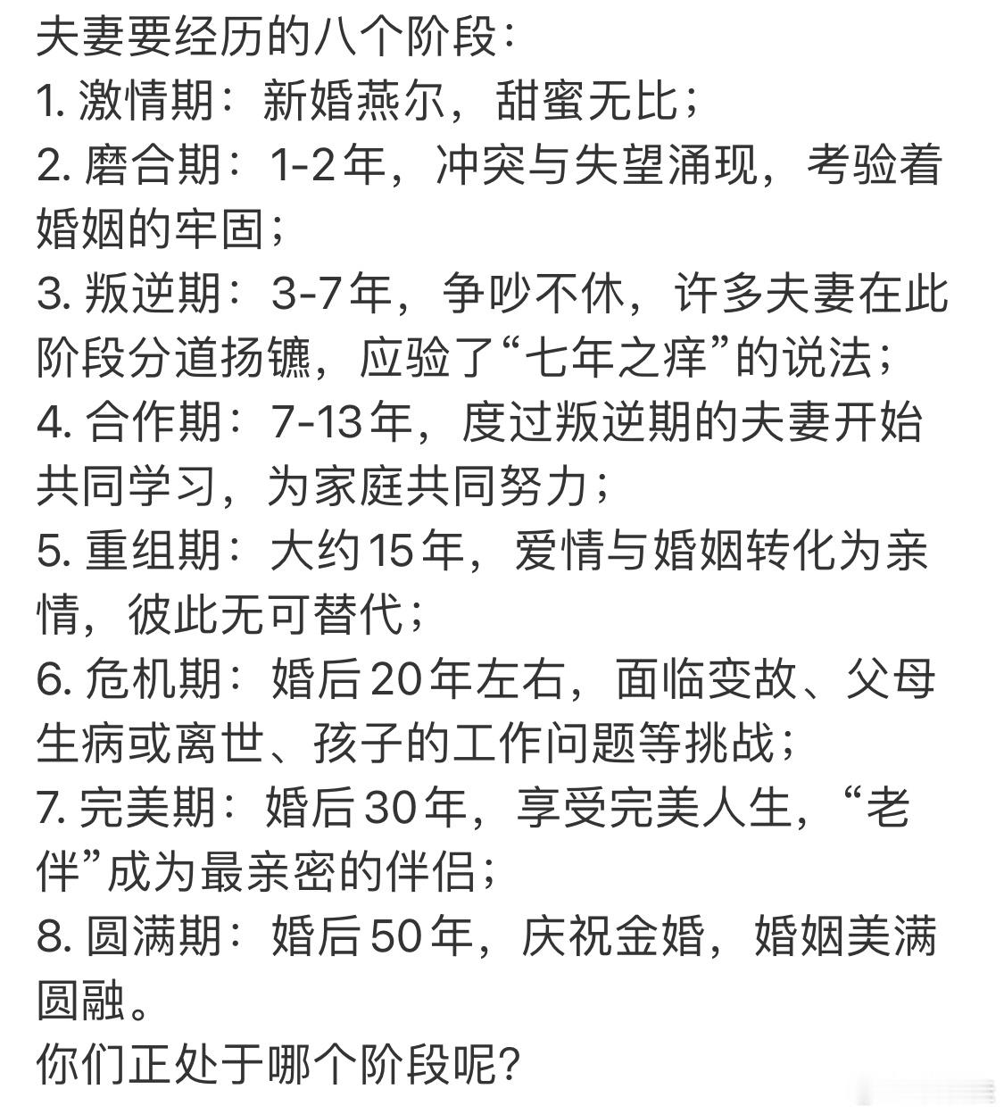 夫妻要经历的八个阶段我们今年已经结婚20年了，也曾闹过离婚，分居，婆媳矛盾，都经