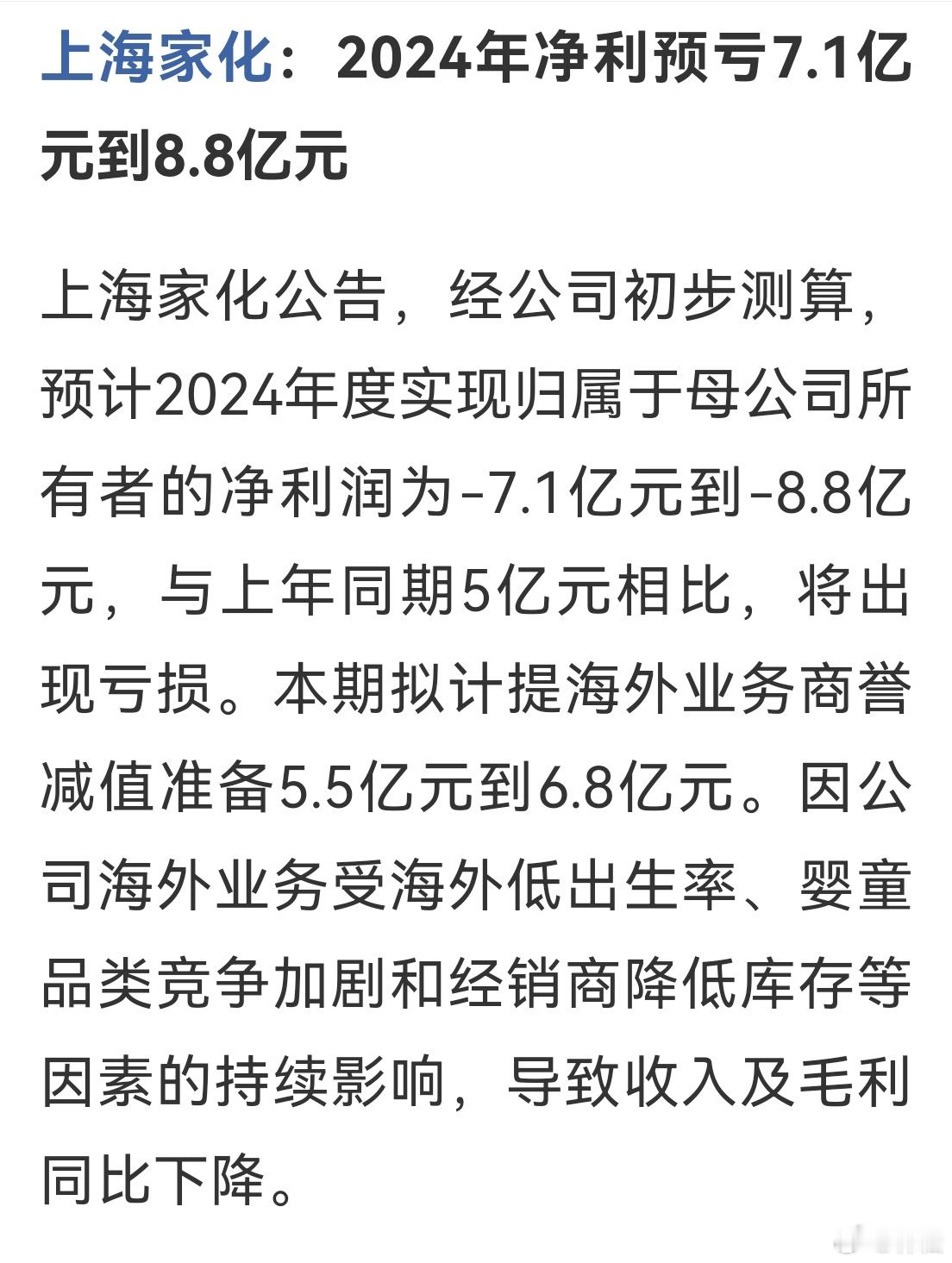 渡劫！上海家化：2024年净利预亏7.1亿元到8.8亿元。 