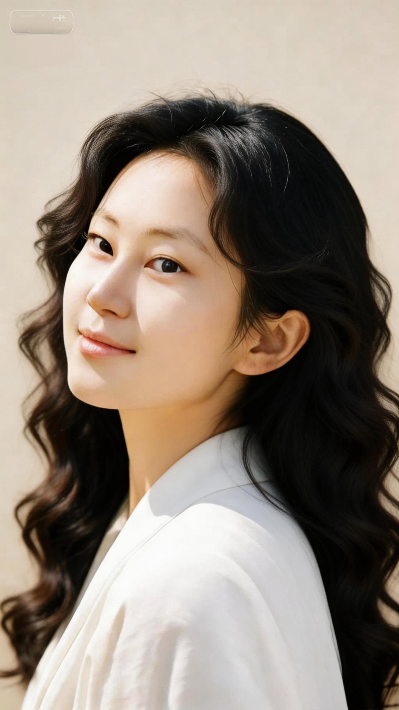 温柔甜美的微笑，自然卷发的魅力，清新自然的白色衬衫，阳光下的美丽瞬间。