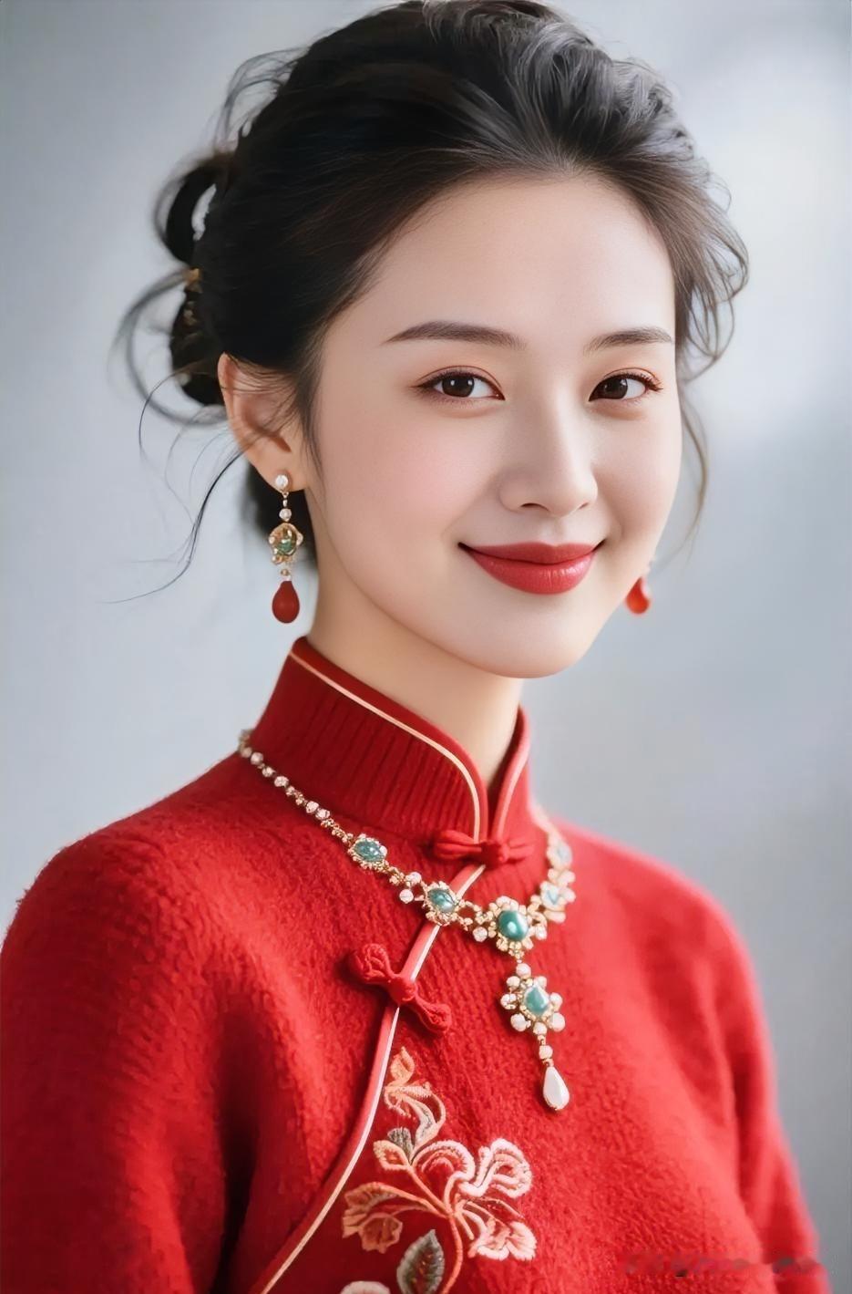 红衣绣花盘发雅，玉饰轻垂衬笑妍，东方气韵凝眸处，温婉如画自成诗。