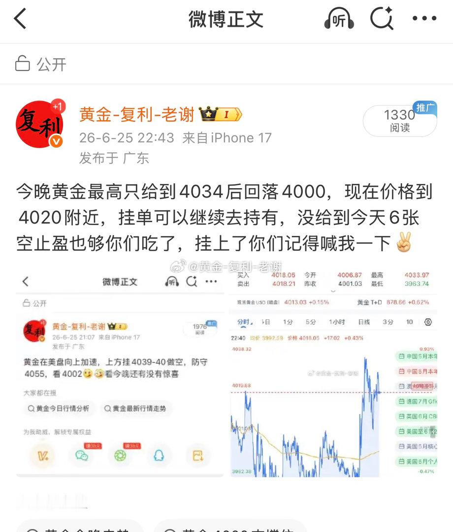 今晚黄金挂4039-40做空，下跌4025再拿下止盈，今晚价格最高4040，最高