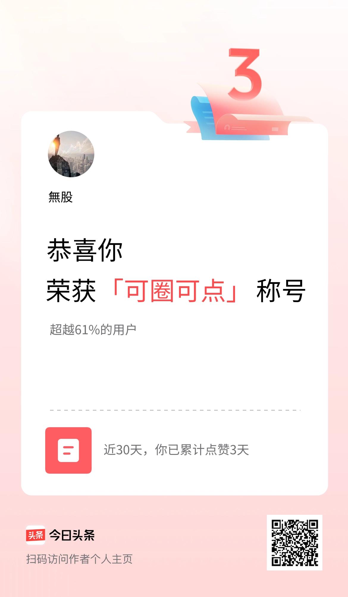 我在头条30天内点赞打卡3天，获得“可圈可点”称号