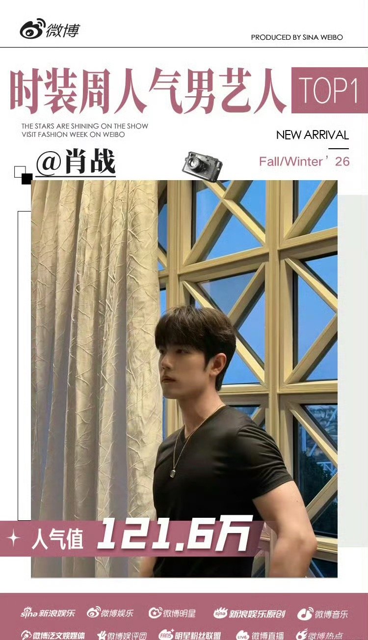 肖战时装周人气男艺人TOP1 
