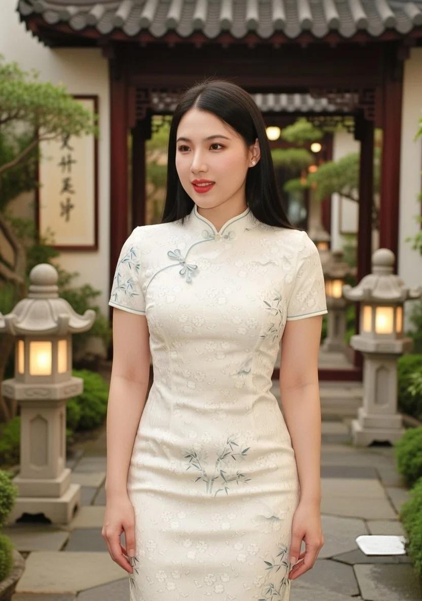 她身着一袭素雅旗袍，立于古韵茶室。白底蓝纹，如水墨晕染，勾勒出东方女性的温婉与端