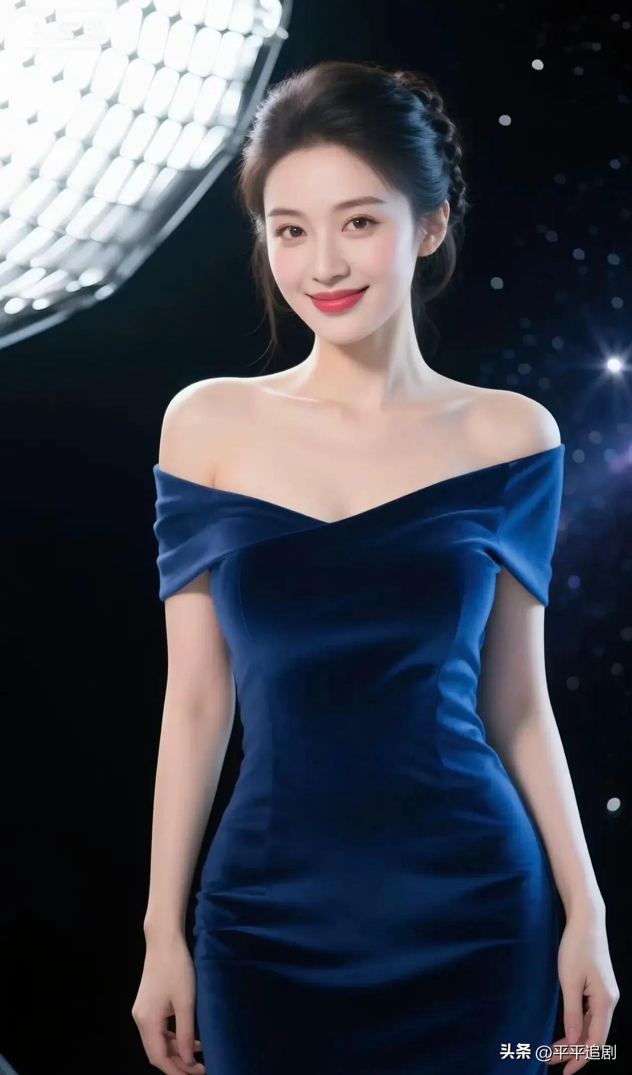 宝蓝色丝绒抹胸裙勾勒曼妙身姿，盘发衬出优雅颈线，在星光与镜面的映衬下，一颦一笑皆